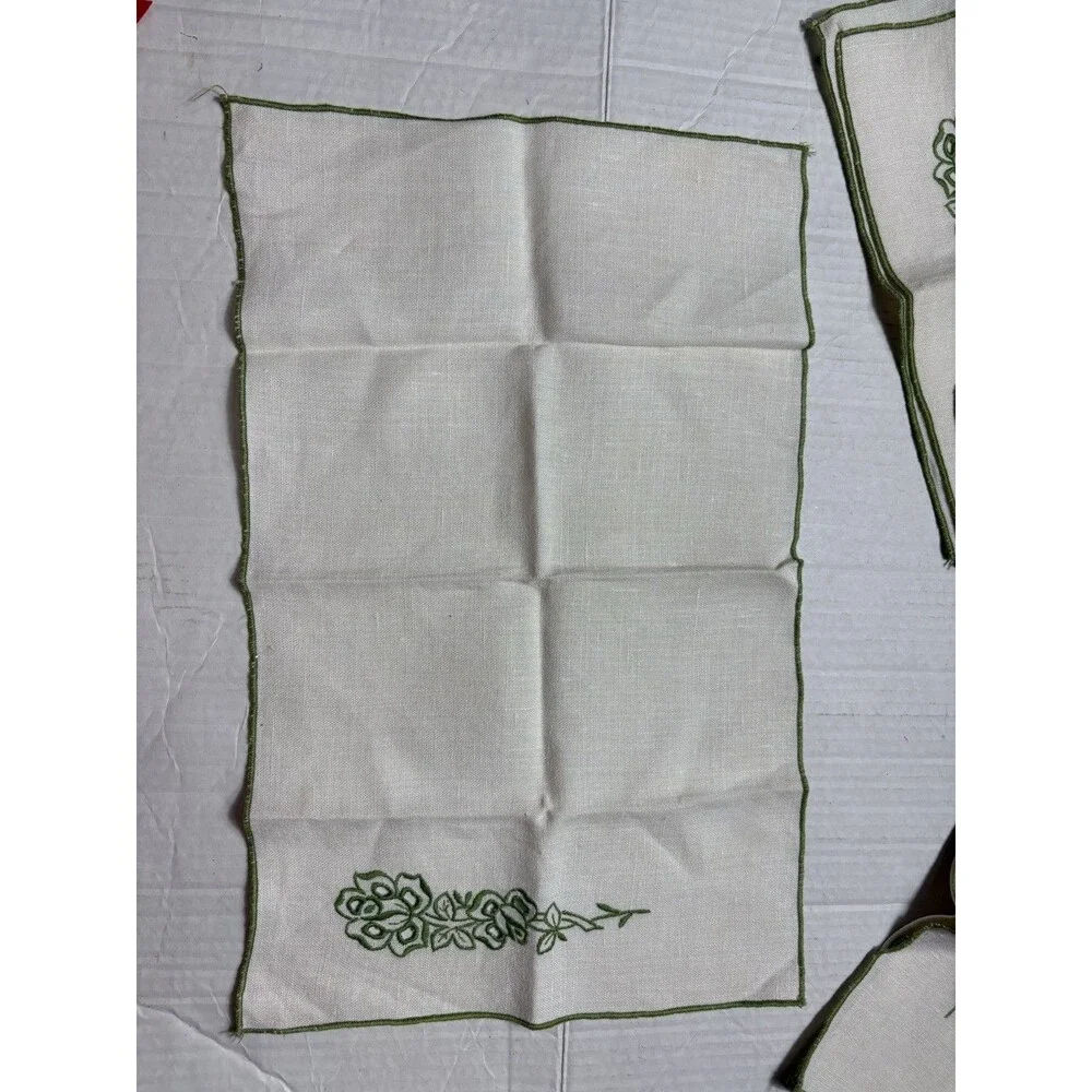 Vintage Linen Napkins Set of 6 Ivory Green Embroidered Roses Floral 12x17
